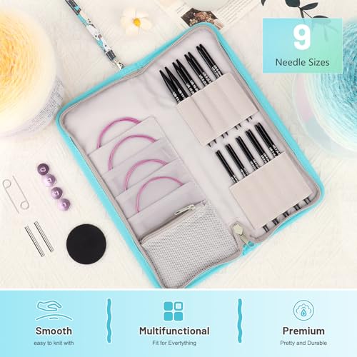 9 Pairs Circular Knitting Needles Aluminum (Size 3.0mm-8.0mm) with 4 Cables Accessories and Cute Storage Case for Socks Blankets Cushions