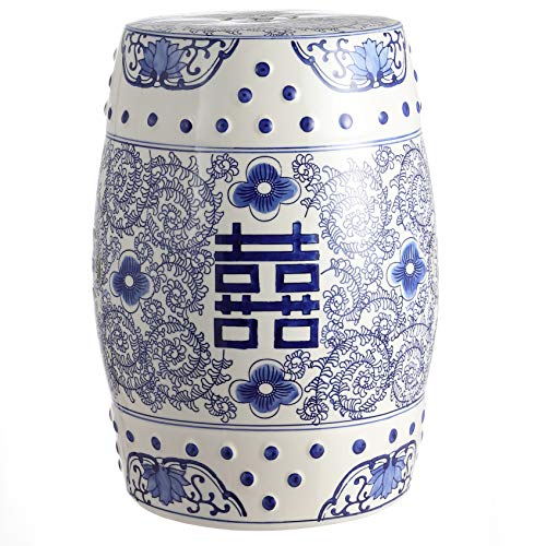 Traditional Chinoiserie Blue and White Indoor/Outdoor Patio Drum Accent Side Table and Plant Stand TBL1013A