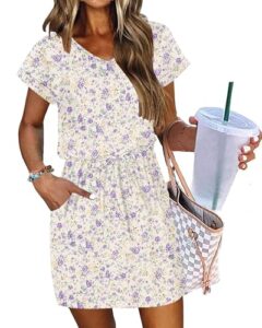 AUSELILY Women's Summer Dress 2026 Short Sleeve Tshirt Drawstring Waist Beach Cover up Casual Mini Short Dresses with Pockets