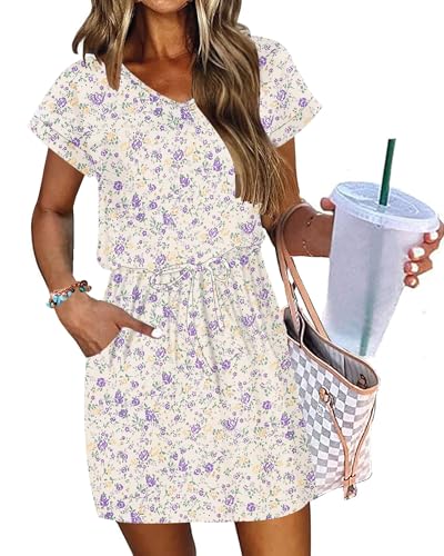 AUSELILY Women's Summer Dress 2026 Short Sleeve Tshirt Drawstring Waist Beach Cover up Casual Mini Short Dresses with Pockets