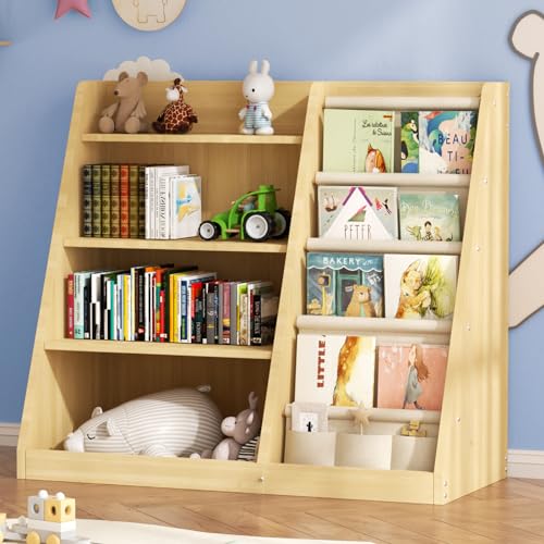 4 Tier Wooden Kids Book Shelf with Sling Book Rack in Kids Room Playroom Nursery for Kids