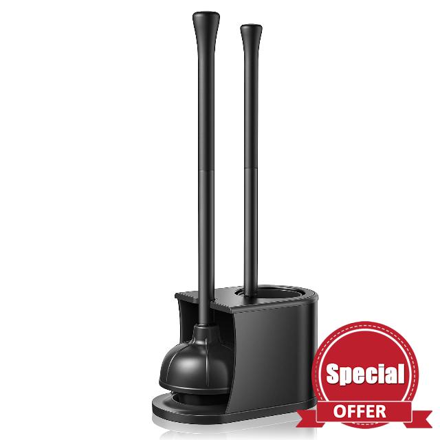 HAMITOR Toilet Plunger and Brush Set: 2 in 1 Stainless Steel Combo with Curved Bristles - Heavy Duty Toilet Unclogging for Family Bathroom - Compact Hideaway Apartment Cleaning Accessories - Black