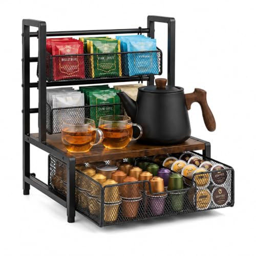 Wood & Metal Large Capcity Coffee Bar Organizer for K Cups