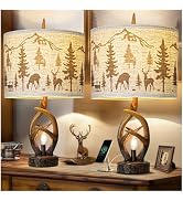 Scenekoy Rustic Farmhouse Antlers Table Lamp Set of 2 with Nightlight Dual USB Ports Linen Fabric...