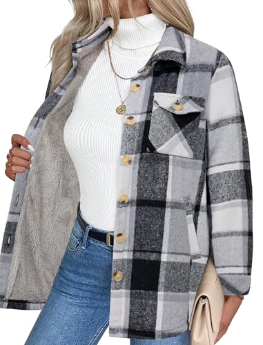 Zeagoo Women's Fleece Sherpa Jacket Casual Long Sleeve Button Down Flannel Shacket Shirt Winter Coat with Pockets