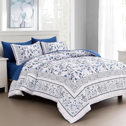 5 Piece Bed in a Bag Blue Flowers on White Botanical Bedding Set