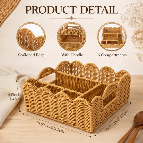 Silverware Caddy Paper Plate Holders 6 Compartment Scalloped Square Woven Cutlery Dispenser for Kitchen Countertop Outdoor Entertaining Picnic Buffet Coffee Ba