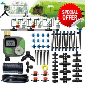Drip Irrigation System with Water Timer Auto Watering System for Garden 5/16“ID and 1/4 Inch Pipe 162ft Adjustable Spray Kit