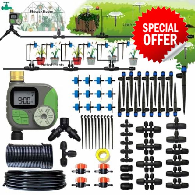 Drip Irrigation System with Water Timer Auto Watering System for Garden 5/16“ID and 1/4 Inch Pipe 162ft Adjustable Spray Kit