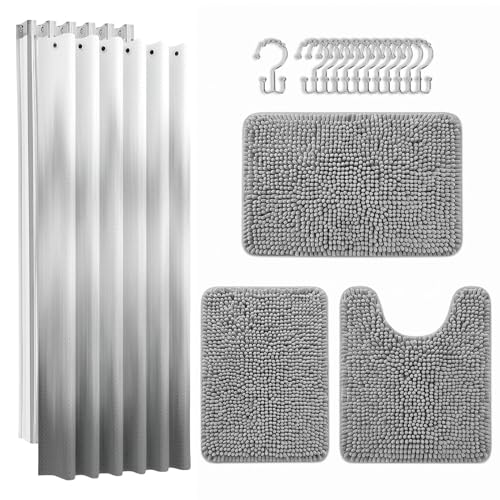 Ombre Modern Waterproof Shower Curtain Liner and Extra Soft Absorbent Non Slip Bath Mat for Bathroom Decor with Accessories Hooks