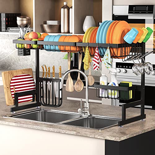 2 Tier Adjustable Large Capacity Stainless Steel Dish Rack for Kitchen Counter