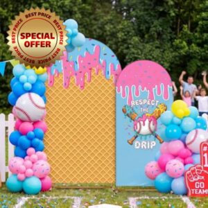 2 Set Ice Cream Drip Baseball Arch Backdrop Covers 6ft 7.2ft Round Top Baseball Drip Backdrop Covers for Ice Cream Birthday Summer Party Supplies