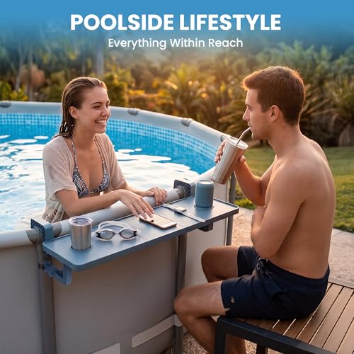 40.5in Length Adjustable Poolside Table Pool Shelf with Pool Drink Holder
