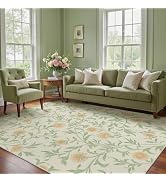 GENIMO 8x10 Vintage Floral Area Rug, Soft Microfiber Washable Rug with Non-Slip Backing, Green Ca...