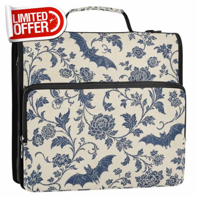 Zipper 3 Ring Binder Bag Goth Bat Floral Expanding File Portfolio Storage Organizer 2-Inch