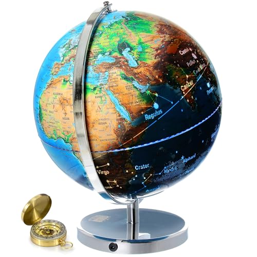 World Globe with Illuminated Constellations – 13” Light Up Globe For Kids & Adults – Gist - Compass Included Makes Great Educational Toys
