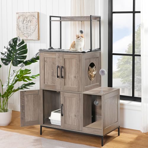 Double Litter Box Cabinet with 2 Dangling Plush Balls and 1 Toy Ball