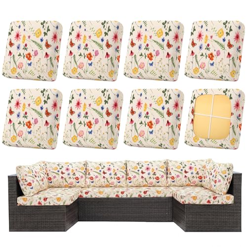 Retro Flower Outdoor Couch Cushion Covers Butterfly Replacement Sofa Chair Slipcovers for Patio Furniture Washable Replacement Outdoor Decor (Beige)