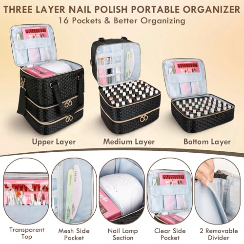 3 Layers Nail Kit Organizers and Storage Case Holds 84 Bottles(15ml/0.5fl.oz)& Nail Lamp