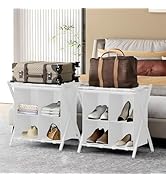 Huhote Luggage Rack for Guest Room, Folding Suitcase Stand with Fabric Storage Shelf, Luggage Hol...