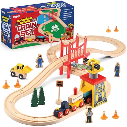 Play22 Wooden Train Set Toddler Toys - 38 Pieces Wood Train Track Set for Toddlers 3-4 Years with Crane
