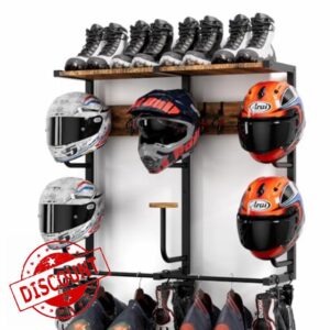 Motorcycle Helmet Rack with 6 J-hooks& 6 Clip Hooks – Wall Mounted Helmet Holder Stand for 6 Helmets
