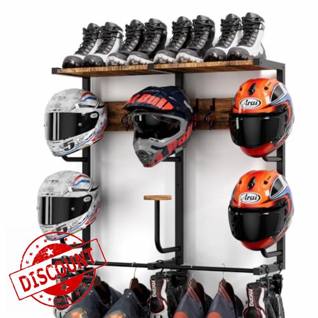 Motorcycle Helmet Rack with 6 J-hooks& 6 Clip Hooks – Wall Mounted Helmet Holder Stand for 6 Helmets
