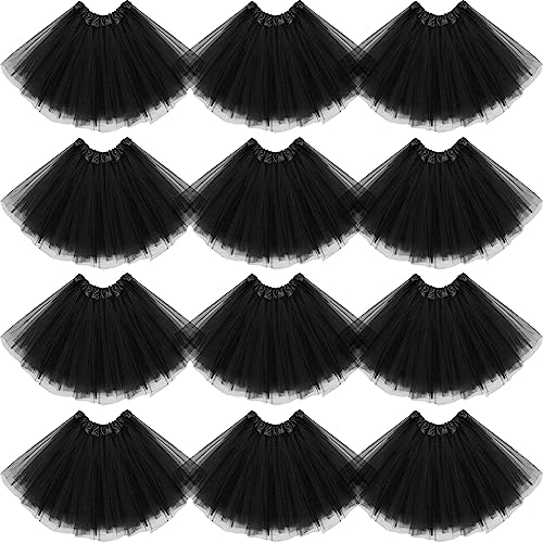 Jiuguva 12Pcs Elastic 4 Layered Tulle Tutu Skirt Halloween Tutus for Women Ballet Adult Fluffy Fairy Ballerina
