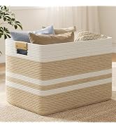 Nunsino 75L Woven Blanket Basket with Leather Handles, Cotton Rope Laundry Basket Hamper,Decorati...