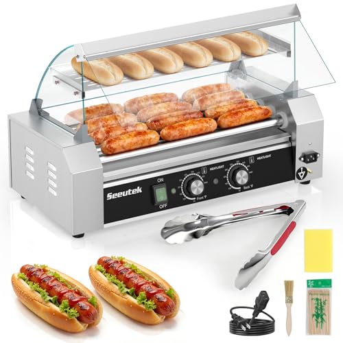 Hot Dog Machine W/Dual Temperature Control Glass Hood Acrylic Cover Warmer Shelf Removable Oil Drip Tray
