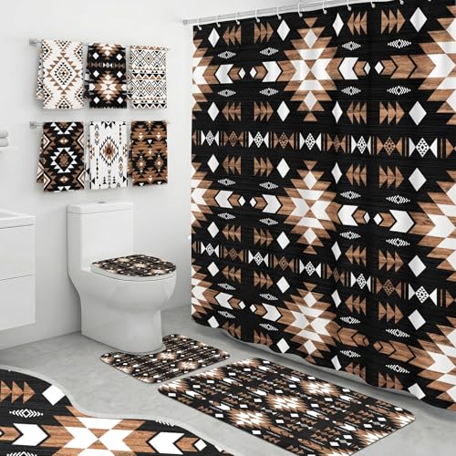 Rustic Bathroom Decor Boho Shower Curtain Set with Bath Mat Toilet Rug 12 Hooks 6 Microfiber Towels
