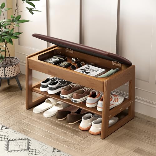 2-TierSolid Rubberwood Entryway Bench with SoftLeather Cushioned Seat & Flip-Top Storage