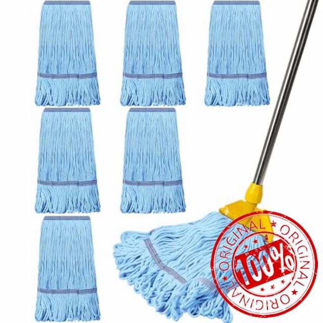 Eccliy 6 Pack Commercial Mop Heads Replacement Heavy Duty 18 oz Loop End Cotton String Wet Mop Refills Washable Absorbent Reusable for Industrial Home Tile Wood Concrete Floor (Blue