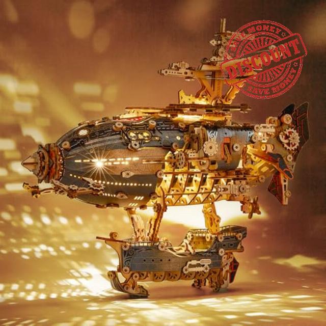 FUNPOLA LED 3D Wood Puzzle Fantasy Airship Model - Steampunk DIY Craft Kit with LED Lights – Intricate Wooden Airship Model Building Set for Teens and Adults(Gray)