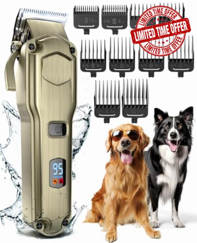 oneisall Dog Clippers for Grooming for Thick Heavy Coats/Low Noise Rechargeable Cordless Pet Shaver with Stainless Steel Blade/Waterproof Dog Shaver for Dogs Pets and Animals (Gold)