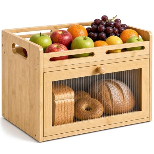 Bamboo Bread Storage Container with Raised-Rail Top Shelf and Acrylic Window