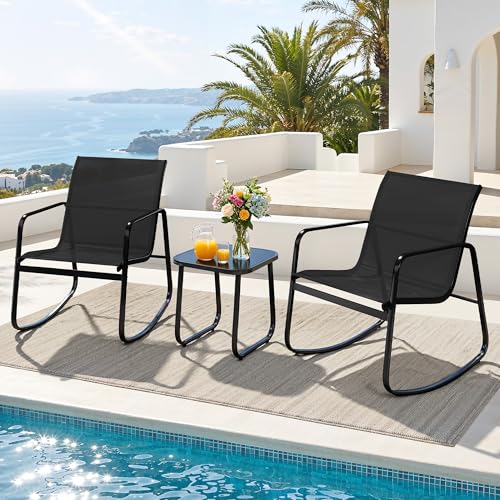 Durable Textilene Patio Set with Rocking Chairs Set of 2 & Tempered Glass Table for Garden