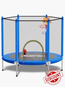 BLUERISE 55IN 6FT Toddler Trampoline for Kids Indoor Outdoor Play for Kids Trampoline Basketball Hoop Attachment with Enclosure Net Easy to Assemble