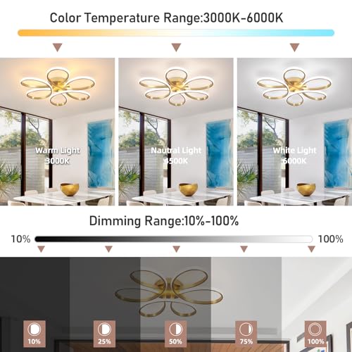 6 Rings Flower Flush Mount Light Fixture with Remote Control Gold Dimmable Ceiling Lamp for Bedroom