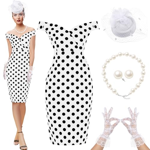 JenPen 5 Pcs Tea Party Dresses Vintage Rose Polka Dot Dress 1950s Derby Pencil Bodycon for Women Ladies Party Attire