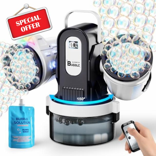 Dual-Engine Bubble Machine with Auto Rotation & RGB Lights & Remote Control