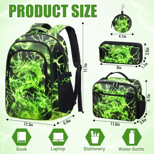 4 PCS Green Dragon Backpack for Boys
