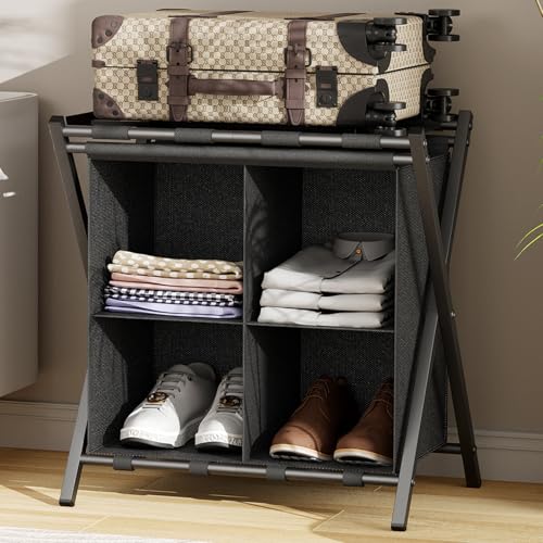 Folding Suitcase Stand with Fabric Storage Shelf