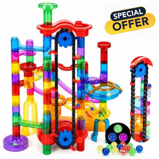 PRE-WORLD 171Pcs Motorized Elevator Marble Run with Glow Marbles for Kids | Construction Building Blocks