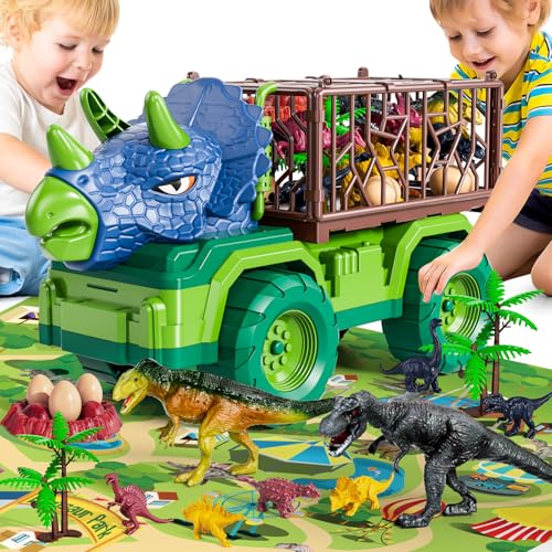 Dinosaur Transport Truck Car Set with 8 Dinosaur Figures & Play Mat
