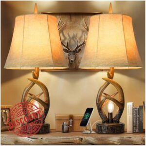 Scenekoy Rustic Farmhouse Antlers Bedside Table Lamp Set of 2 with Nightlight Dual USB Ports Leather Soft Bell Shade Brown Finish nightstand Lamp Decor for Living Room Bedroom Office House Hotel