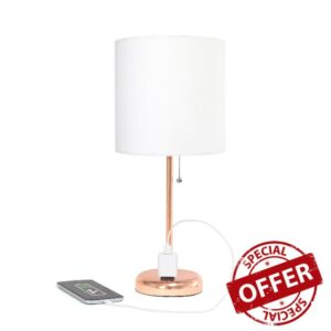 Simple Designs LT2024-RGD-2PK Two Pack Rose Gold Stick Table Desk Lamp Set with Charging Outlet and Drum Fabric Shade for Living Room
