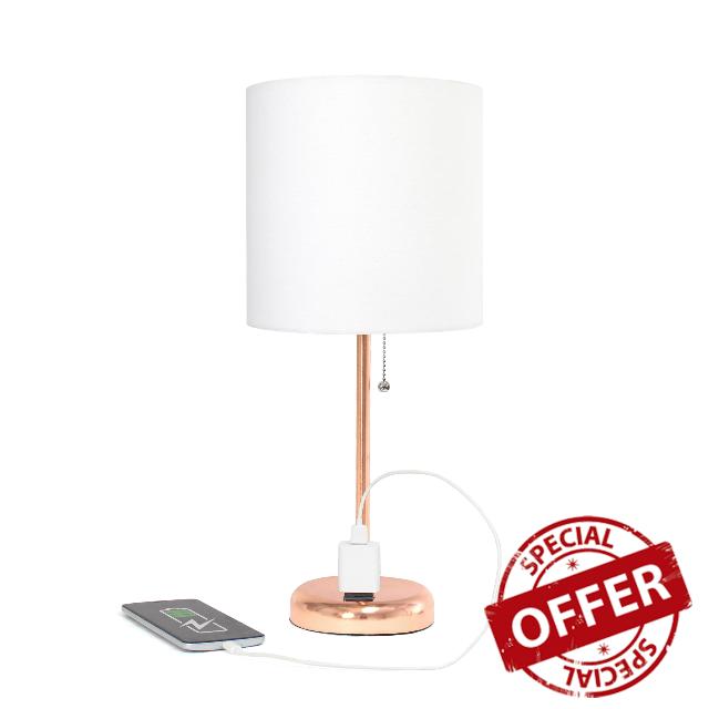 Simple Designs LT2024-RGD-2PK Two Pack Rose Gold Stick Table Desk Lamp Set with Charging Outlet and Drum Fabric Shade for Living Room