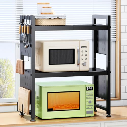 Heavy Duty 3-Tier Adjustable Microwave Oven Rack Shelf with 8 Hooks & 2 Holders