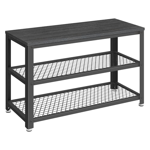 Shelf Storage Bench with Metal Mesh Shelves and Seat